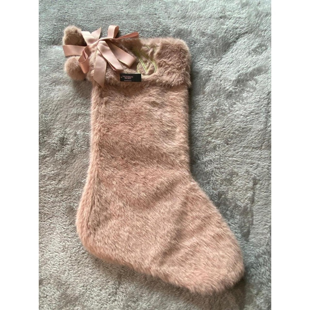 Victoria's Secret Embroidered Fluffy Bow Pompom Christmas Stocking New Tag s2